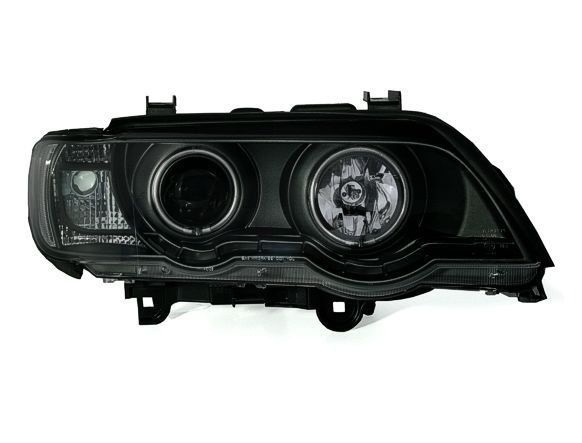 Φανάρια εμπρός με φώτα ημέρας και angel eyes για BMW X5 (1999-2003) – μαύρα , με λάμπες (Η1) – σετ 2τμχ.